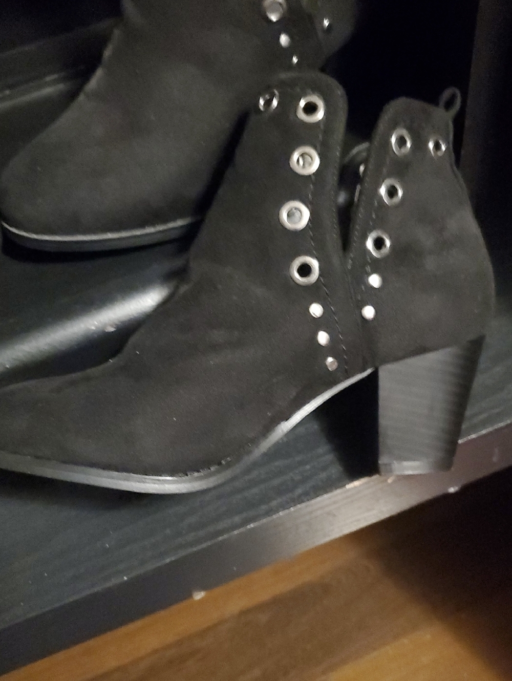 Black Suede Ankle Bootie with Grommet Detail